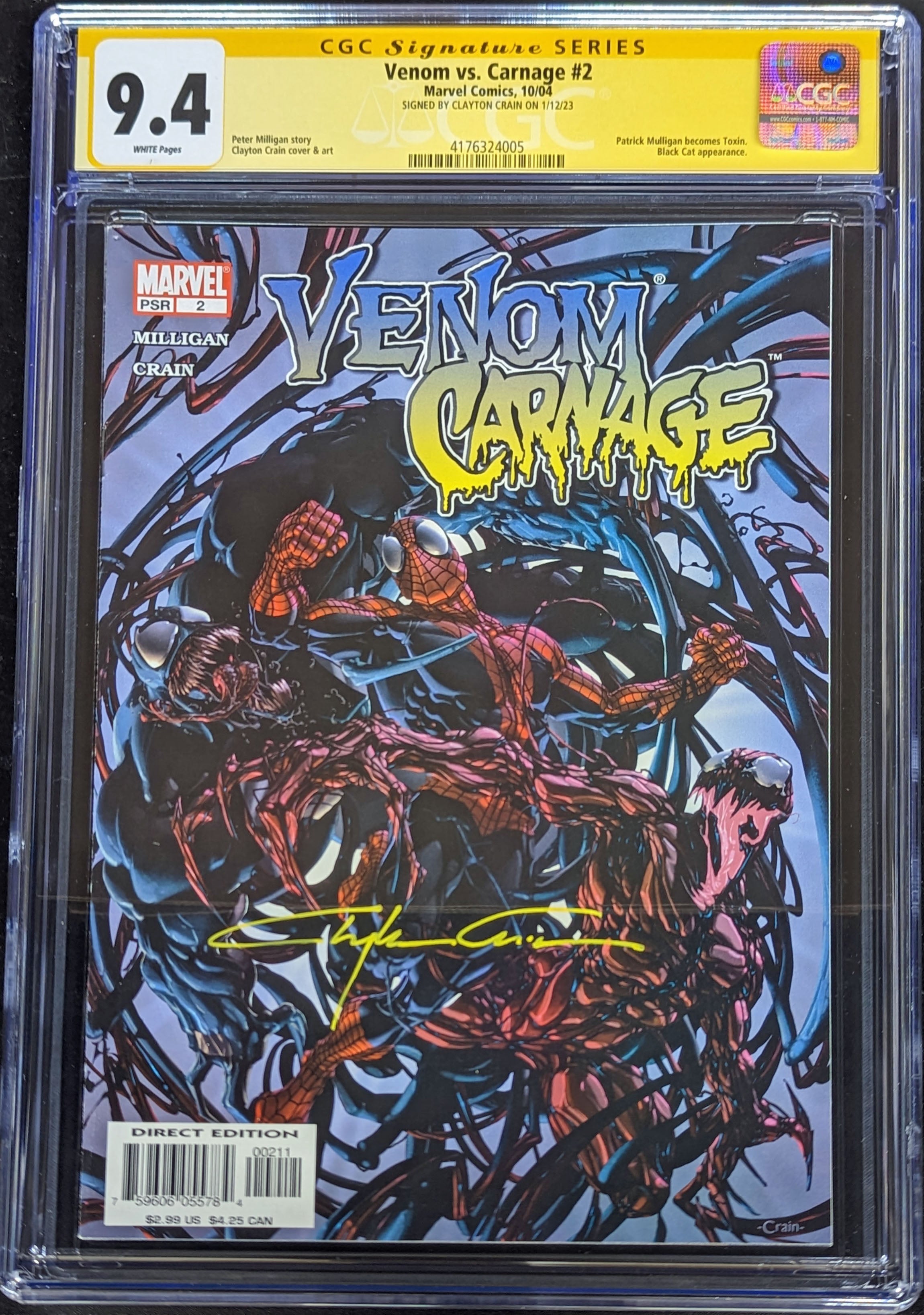 Venom vs Carnage #2 CGC 9.4 Signed by Clayton Crain