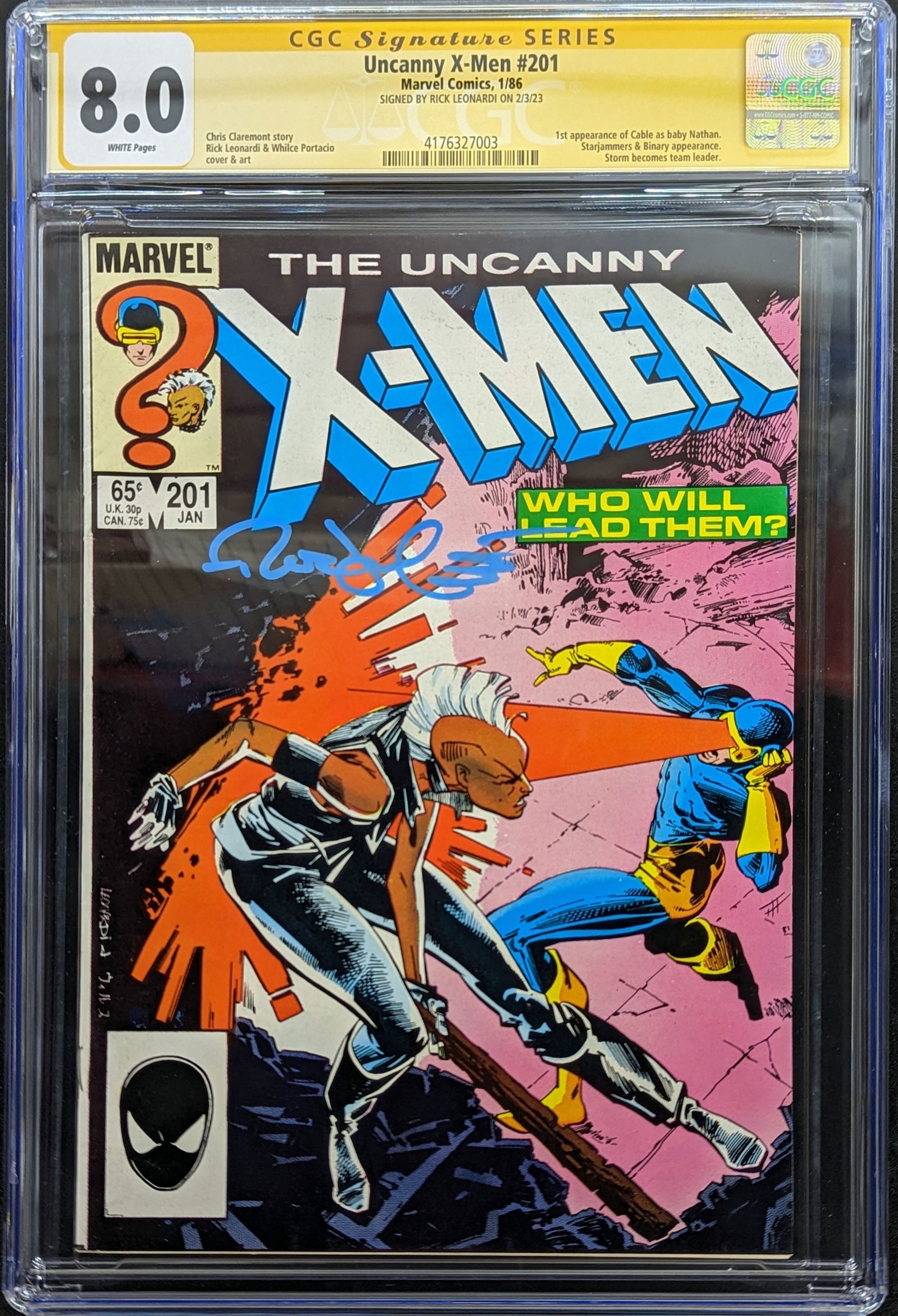 Uncanny X-Men #201 CGC 8.0 Signed by Rick Leonardi 1st Baby Cable
