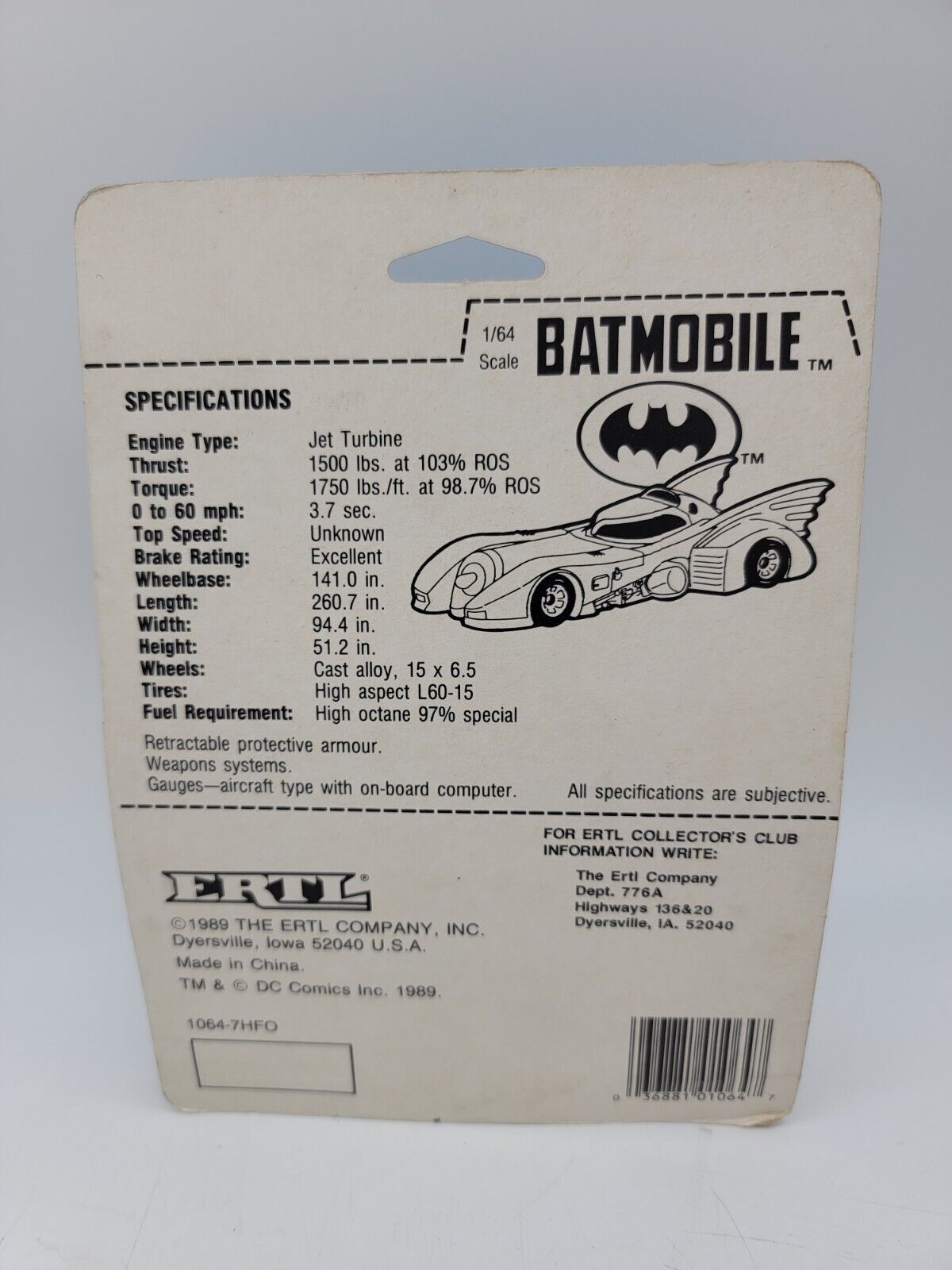 1989 ERTL DC Comics Batman Batmobile Die-Cast Metal Car